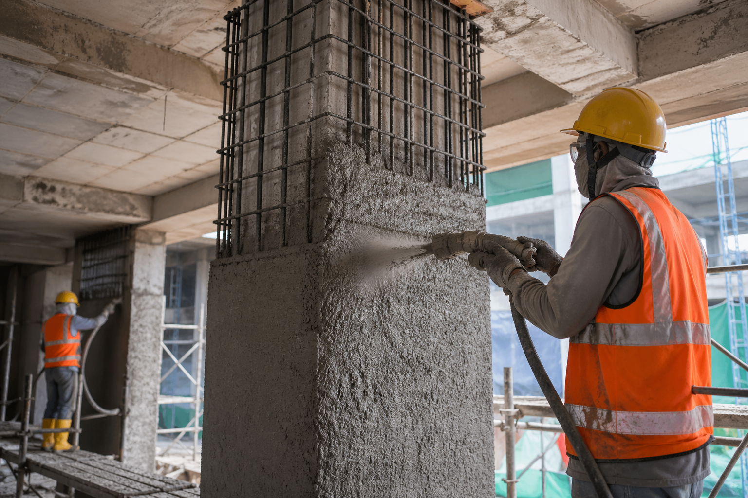 Shotcrete jacketing work for RCC column strengthening using advanced shotcreting technique
