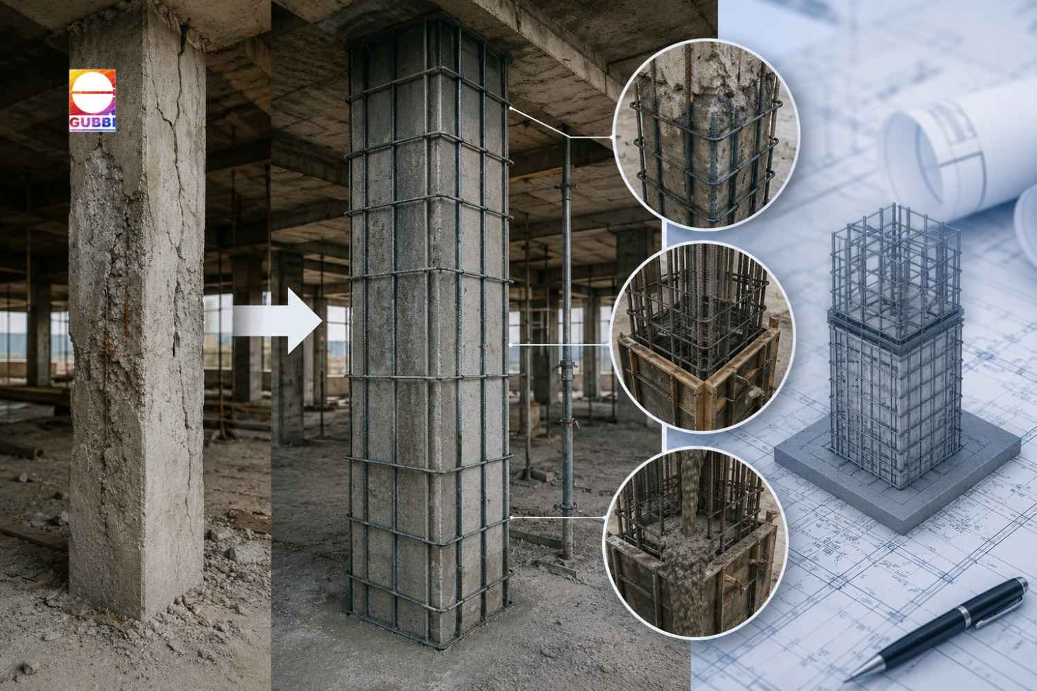 Jacketing of columns process showing structural strengthening of an existing RCC column using reinforcement and concrete enhancement