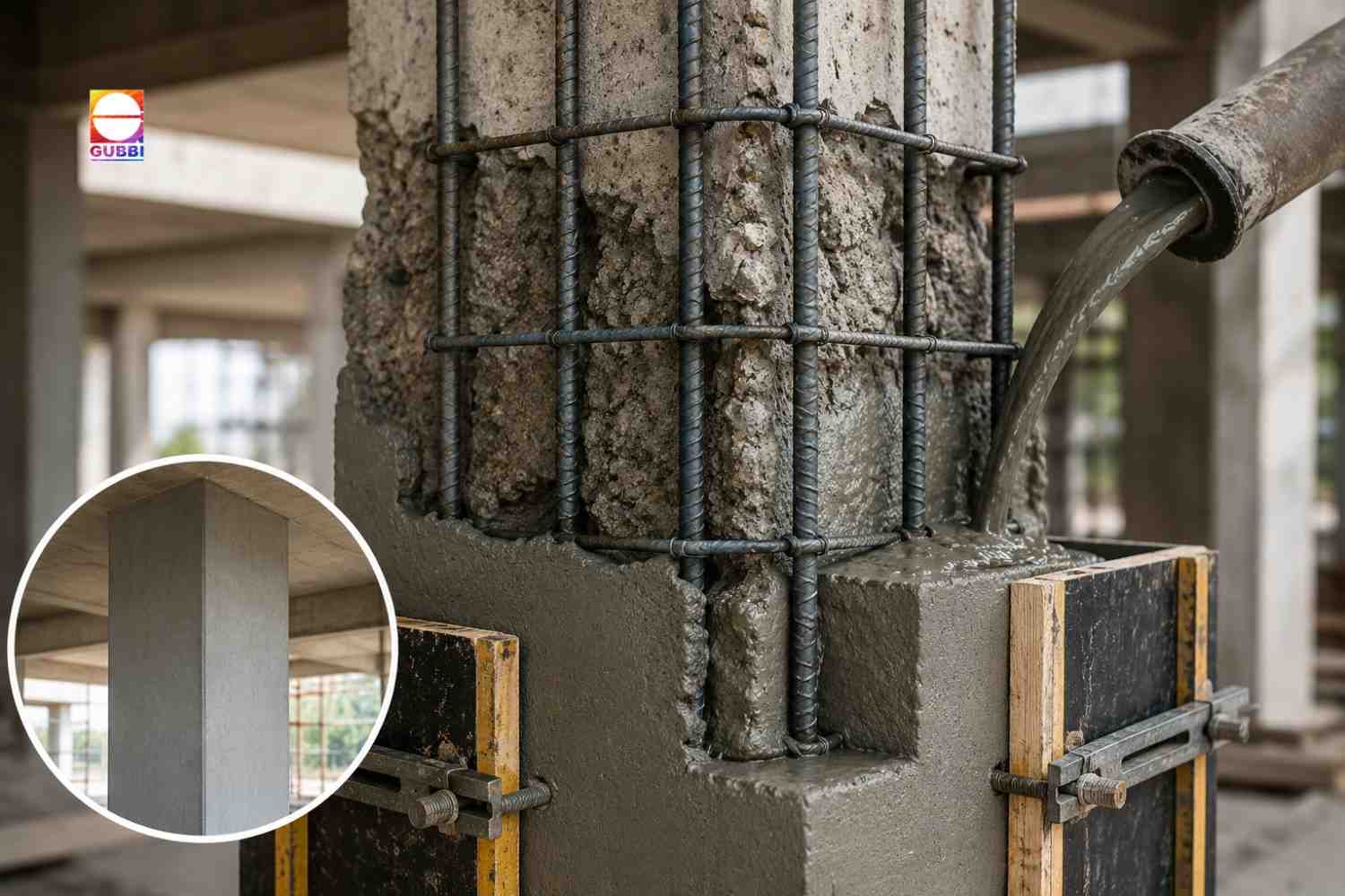 Micro concrete column jacketing work for structural repair with reinforcement cage, formwork, and grout placement.