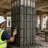 Column jacketing contractors strengthening an RCC column during structural retrofitting to improve load-bearing capacity and extend the service life of a reinforced concrete building.