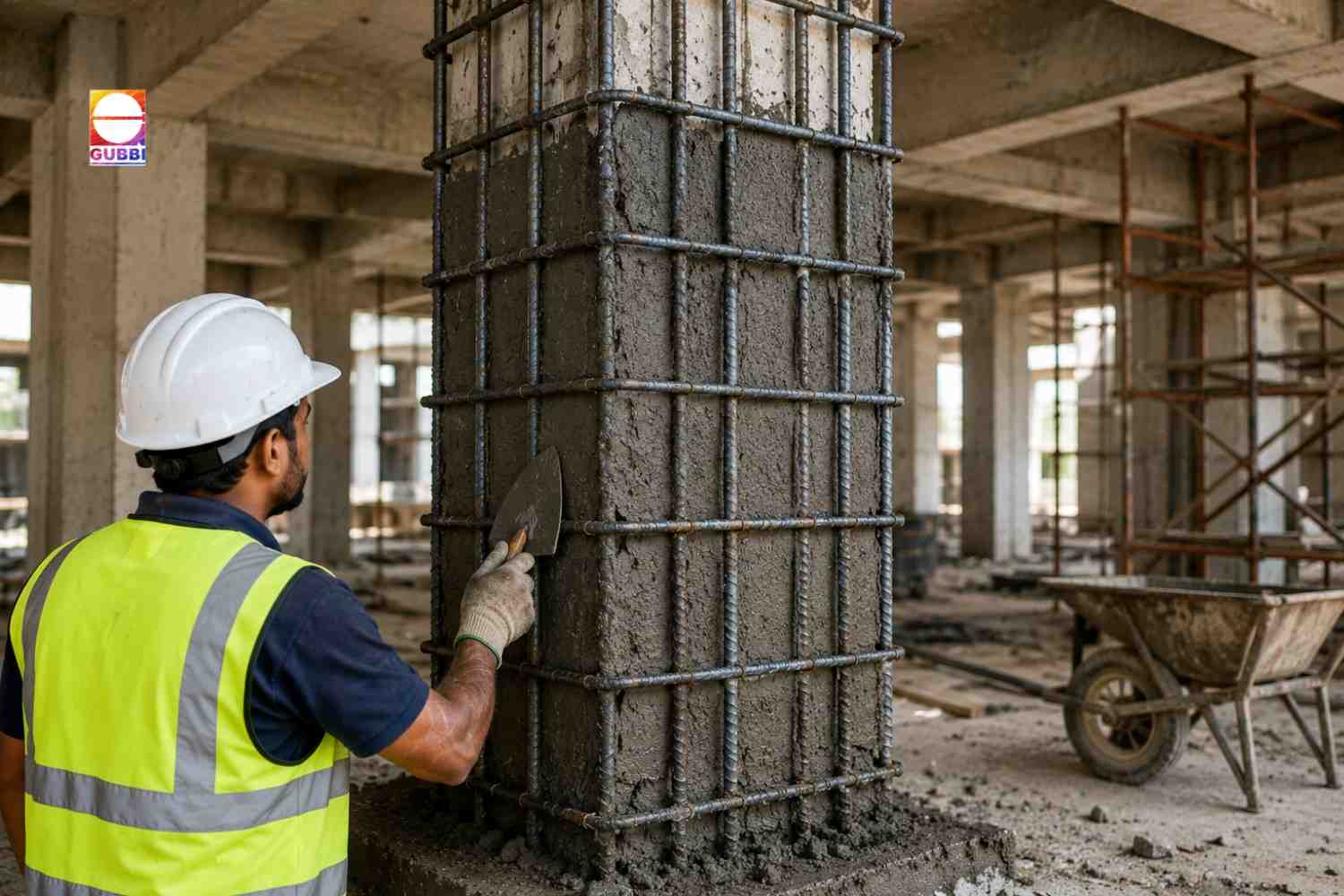 Column jacketing contractors strengthening an RCC column during structural retrofitting to improve load-bearing capacity and extend the service life of a reinforced concrete building.